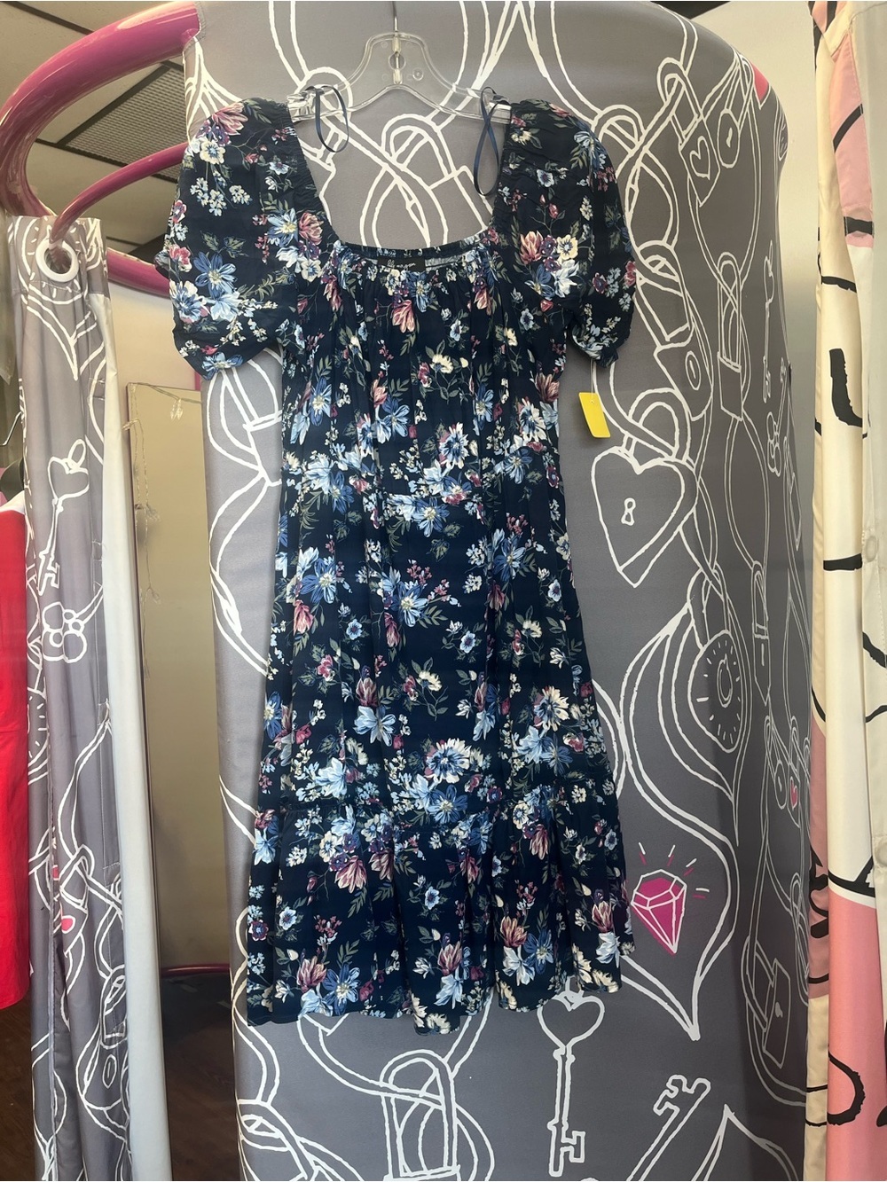 Navy Floral Puff-Sleeve Midi Dress